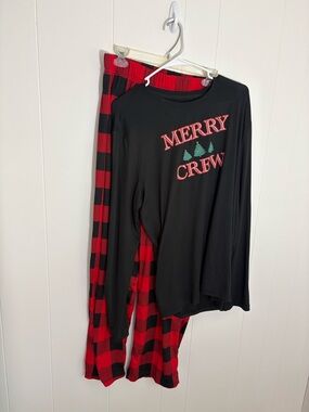 Merry Crew Men’s Pajama Set - Black Top with Red Plaid Pants